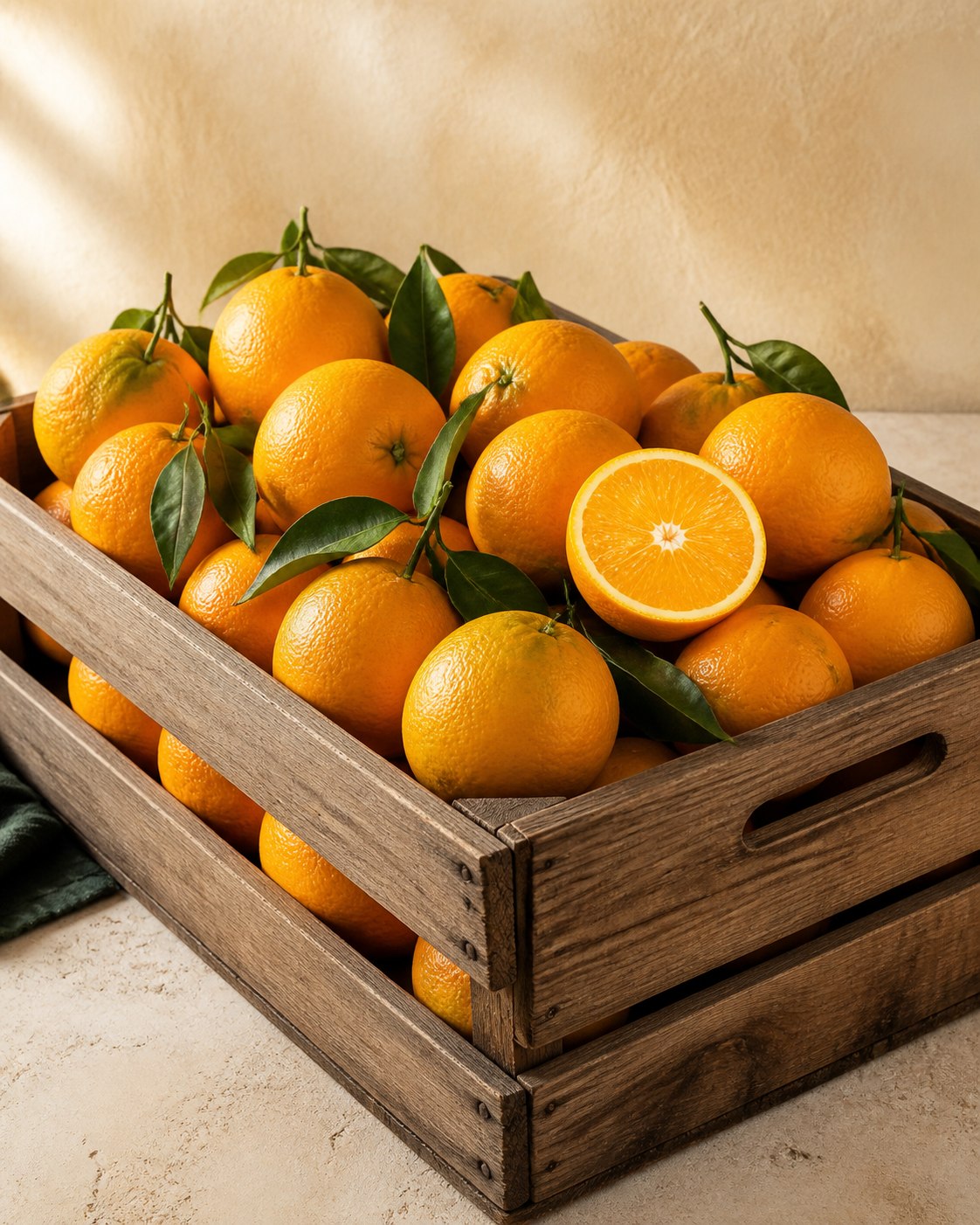 Caixa de laranjas frescas com folhas