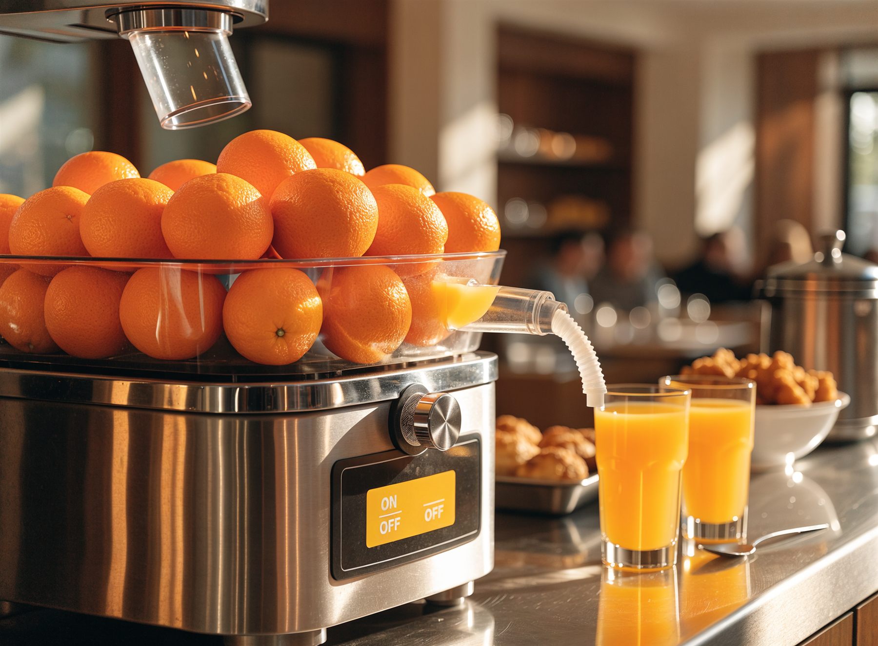 Máquina de suco em operação com laranjas e copos de suco