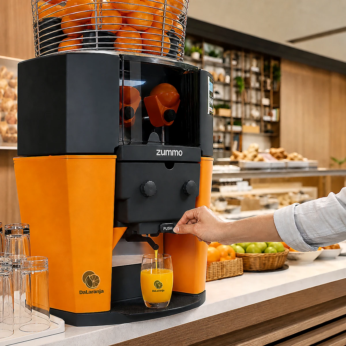 Máquina de suco Da Laranja servindo suco fresco em balcão de buffet