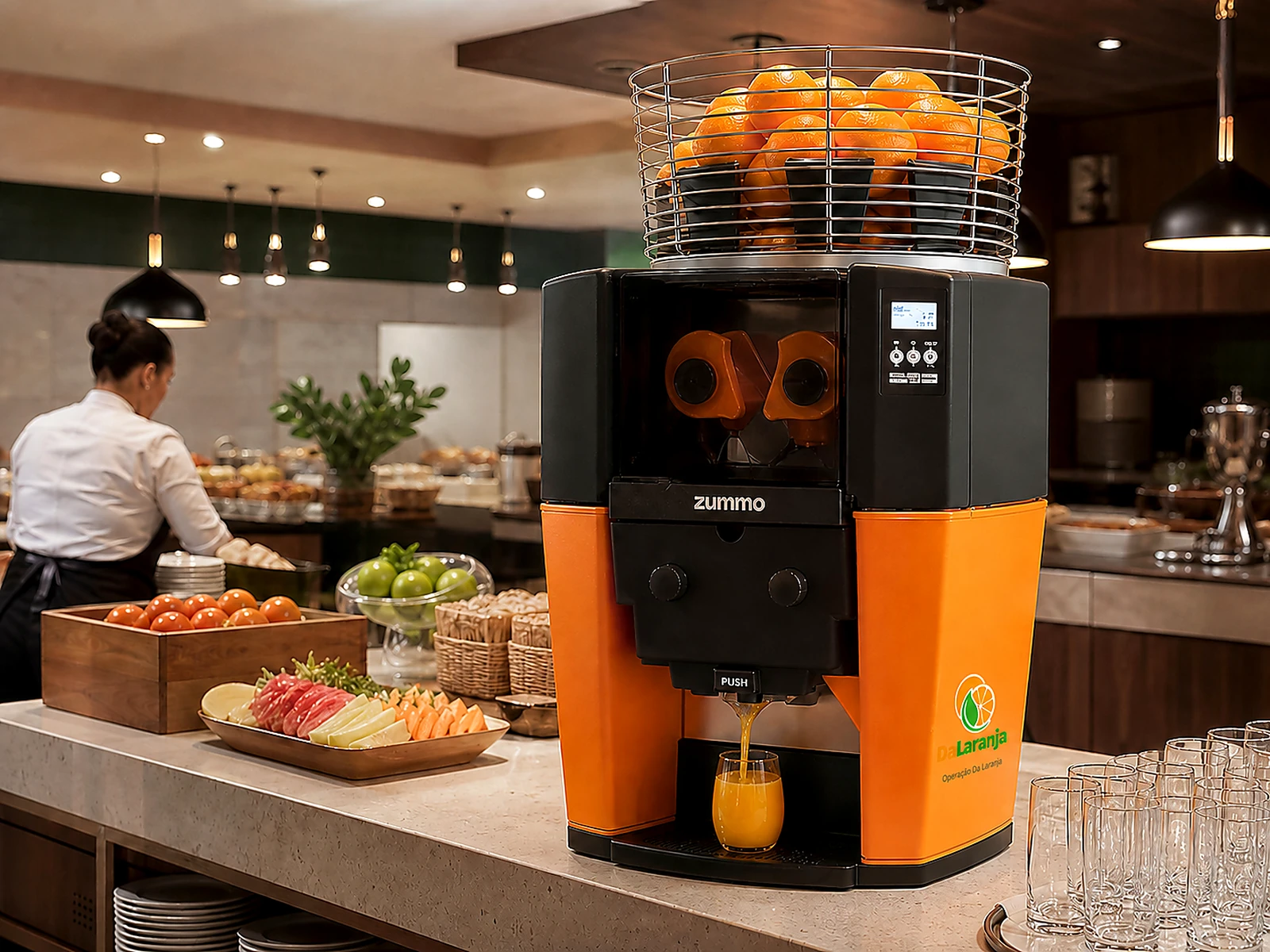 Máquina de suco Da Laranja em operação no buffet de um hotel